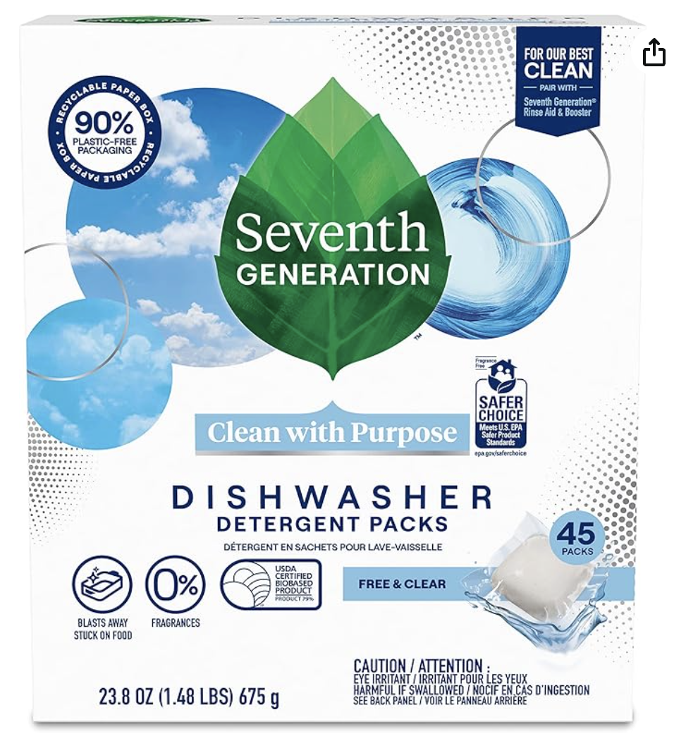 Seventh Generation Dishwasher Detergent Packs Free & Clear for sparkling dishes Dishwasher tabs 45 count